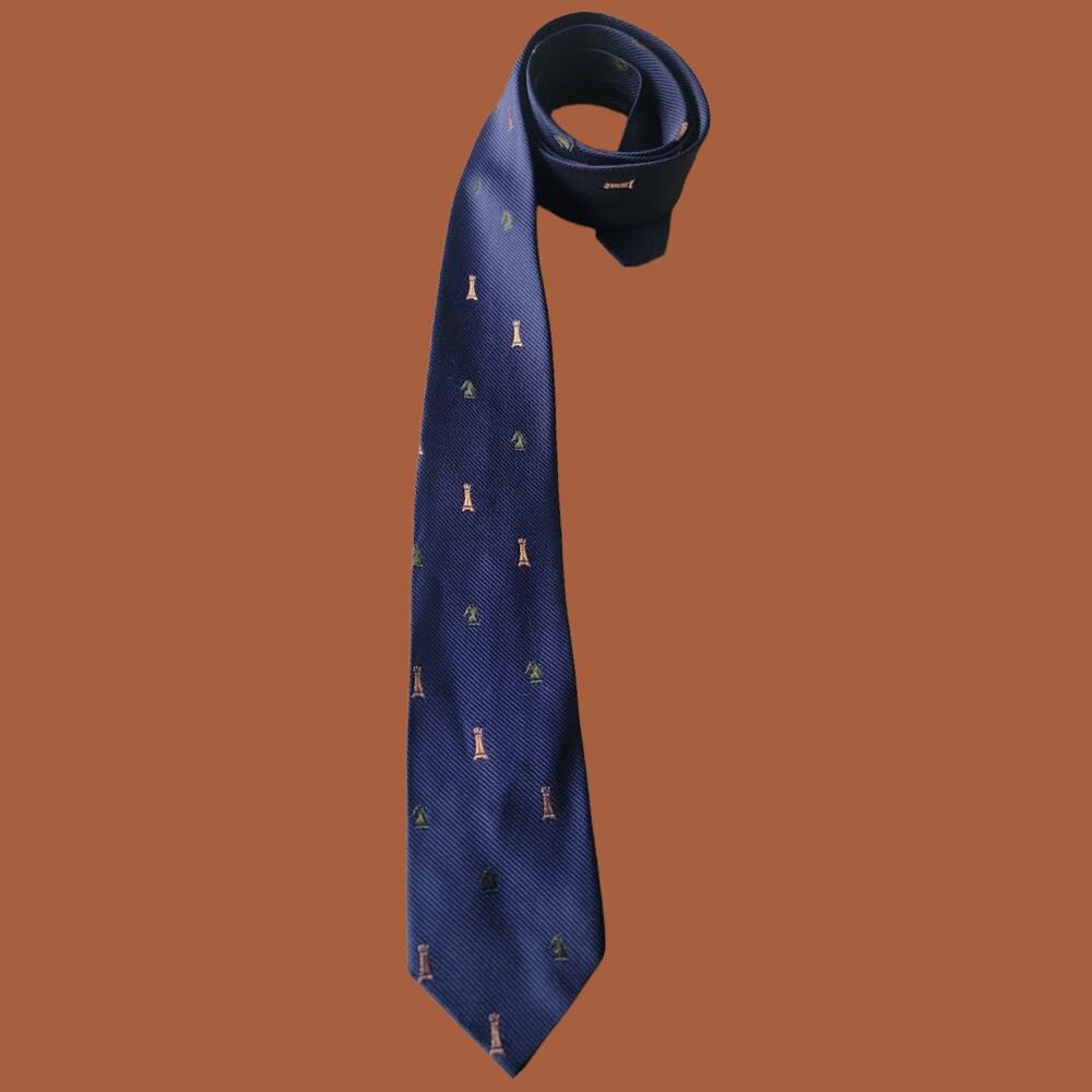 Vintage 1960s Rhodia Royal Blue Silk French Mod Tie with Chess Piece Motif
